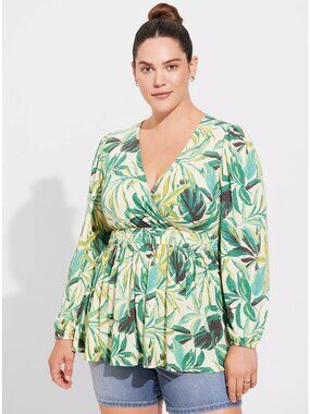 Torrid Womens Leaf Print Textured Knit Surplice Puff Sleeve Babydoll Top Size 1X